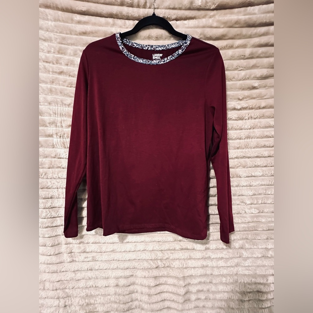 Lands' End Women's Long Sleeve Wine Crewneck Tee with Patterned Trim